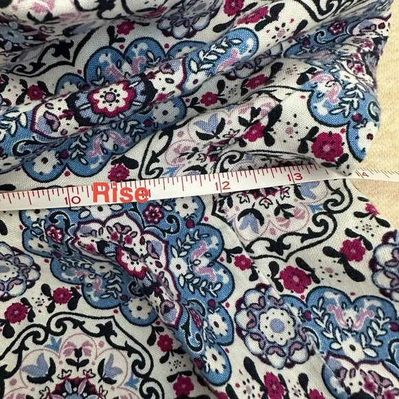 Loft Women's Size L Floral Linen Blue Cotton Elastic Waist High Rise Crop Pants - Picture 6 of 9